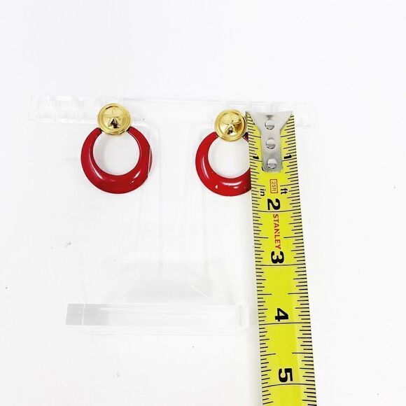 Monet Open Circle Dangle Earrings Gold Tone Red Enamel Nautical Star Round - Picture 4 of 7